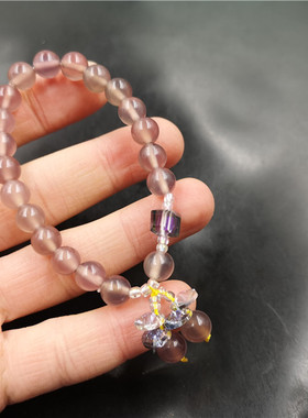 四海玉器 8毫米翠绿色玉髓玛瑙圆珠手链 淡紫色玉髓女款手串