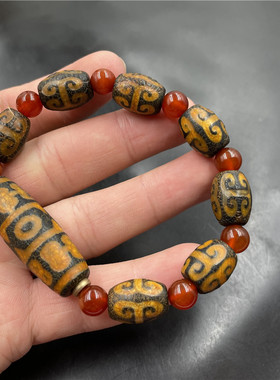 四海玉器 复古做旧回纹西藏天珠玛瑙手链 老玛瑙手串 勒子手链