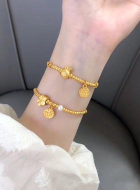 【秋季新款】磨砂珠桃花兔子福袋福牌古法沙金吊坠手链手串女