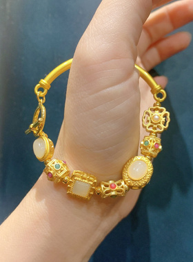 珐琅彩烧蓝配件弯管半镯半链白玉