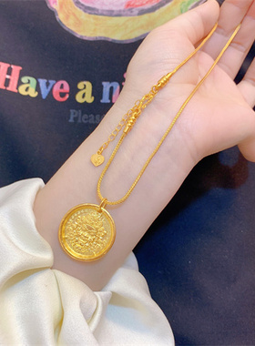 新款黄财神古法金雕刻吊牌项链毛衣链实心吊坠配件送礼闺蜜女