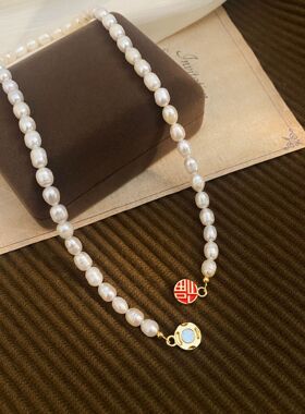 STINA淡水珍珠项链福字吊坠高级