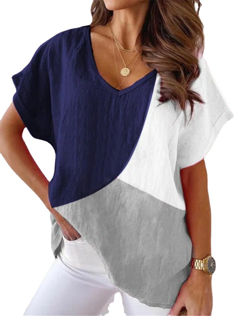 2021 summer color matching short-sleeved V-neck shirt - 图3