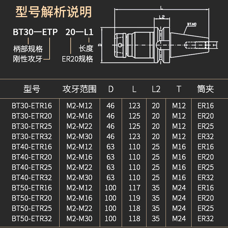 锐利伸缩式丝锥刀柄BT40-TER32扭力保护加工中心刀柄BT50-ER32-图2