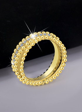 S925纯银万花筒珠边扭臂交叉满钻莫桑石戒指女满天星百搭排戒