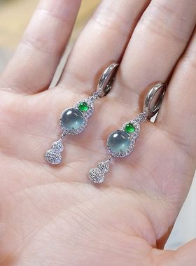 新中式葫芦耳坠祖母绿钰髓仿冰种耳饰女镶嵌款优雅气质高级感耳环