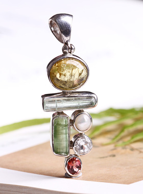 美国托帕石碧玺原矿纯银珠宝吊坠