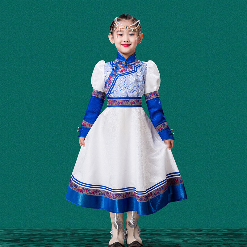 儿童女白色蒙古袍内蒙古少数民族礼服舞台装演出服连衣裙蓬蓬裙,淘宝优惠券,粉丝福利购,淘宝优惠卷