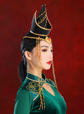蒙古女士黑色头饰儿童款额头尖顶小帽子舞蹈演出蒙式妆造旅拍发饰