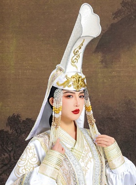 蒙古族白色帽子集锦高筒走秀婚礼演出旅拍高级感高顶设计感头饰帽