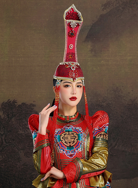 蒙古族女士红色婚礼流苏内蒙古民族舞蹈演出摄影日常走秀高顶帽子