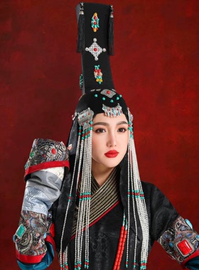 黑色蒙古族帽子集锦高筒走秀婚礼演出旅拍高级感高顶设计感头饰