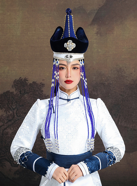 原创蒙古族蓝色尖顶帽子流苏内蒙古民族舞蹈演出摄影日常走秀头饰
