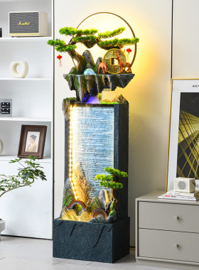 新中式假山流水造景客厅水幕墙