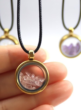 跨境水晶碎石钛钢乌盒吊坠项链