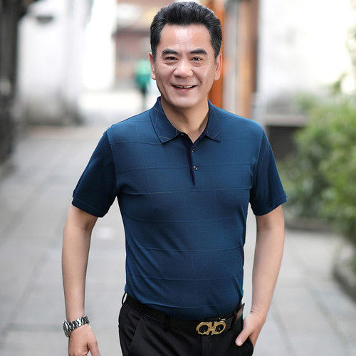 爸爸短袖t恤男装夏装40-50岁中年男士上衣服冰丝夏季中老年人爷爷 - 图0