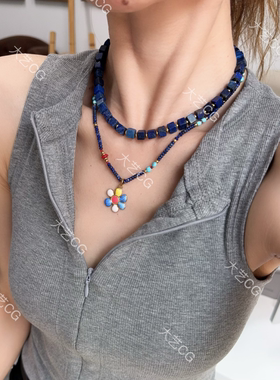 青金石项链蓝色花朵天然石吊坠项链小米珠彩色撞色夏天叠戴配饰
