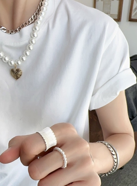 纯银指环开口可调节简约戒指条纹白银色哑光现代时尚指圈