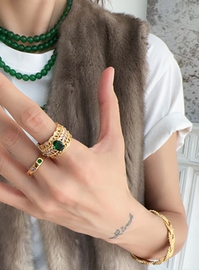 宫廷风指环开口可调节戒指金色绿彩宝镂空叠戴高级气质现代中古风