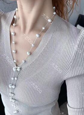 多种戴法长项链拉丝白银色珠球毛衣链多层短链法式优雅裙链