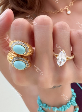 松石戒指复古戒指开口可调节蓝色小众指环