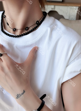 超细黑色花朵项链黑玛瑙优雅短链choker