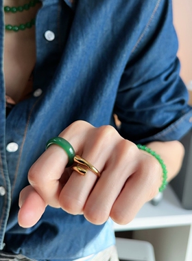绿玉髓指环现代国风透润戒指复古简约指圈叠戴中古国潮配饰