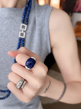 复古简约蓝戒指个性重工青金石指环欧美复古风