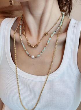 天然石珠串项链玛卡龙蓝色系复古花珠珠短choker民族风饰品百搭