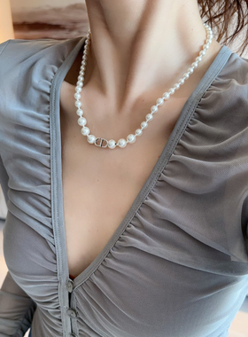 高级感珠珠项链925纯银水晶珠中长项链串珠珍珠感颈链百搭通勤饰