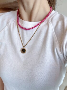 粉色珠珠短项链个性小众粉红玫粉色水晶串珠choker颈链