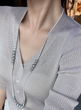 灰白珠超长项链毛衣链贝珠双色高级感优雅多种戴法串珠国风新中式