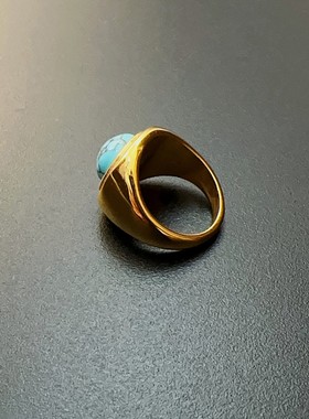 复古蓝色戒指金属感简约指环圆形vintage蓝松石金色中古风饰品