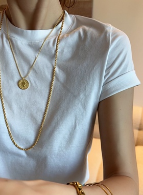 纯银项链古币vintage简约百搭细项链吊坠925银饰金色珠链