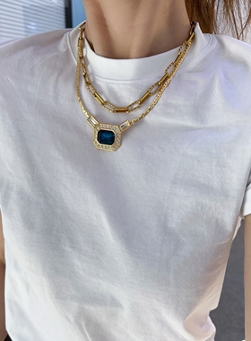 vintage彩宝项链蓝金色复古大项链小众宫廷风高级感中古饰品