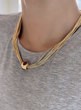 vintage项链多层中古饰品蓝红锆石重工古着风素金装饰颈链