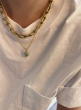 复古天蓝色吊坠原石项链链条18K镀金颈链素金vintage饰品