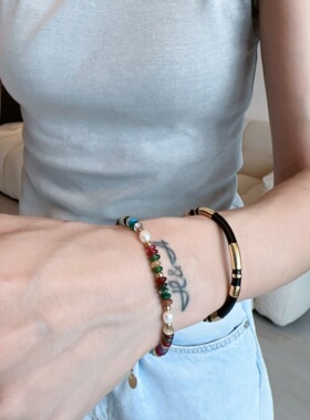 天然石珠珠手链彩色淡水珍珠复古腕链珠子串珠饰品vintage