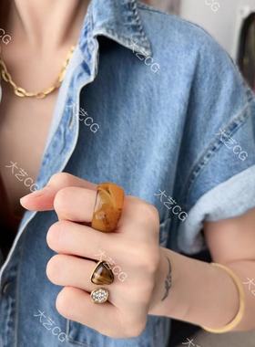高级感黄玛瑙戒指玳瑁花棕色指环国风新中式扳指小众配饰