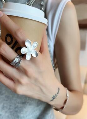 个性花朵戒指哑光白银色可调节指环小众高级感饰品指圈简约INS