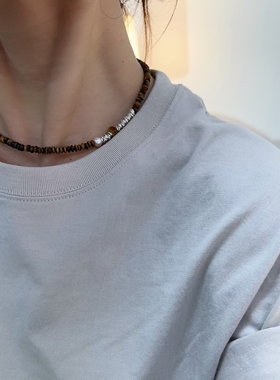 纯银虎眼石项链高级感小众圆珠颈链choker花珠棕彩色复古链