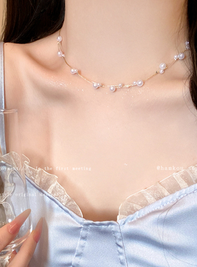 韩系双层珍珠满天星项链女高级感轻奢小众颈链配饰锁骨链choker