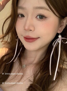 韩国小众ins少女缎带蝴蝶结爱心吊坠耳环 粉白丝带珠珠耳坠耳饰女