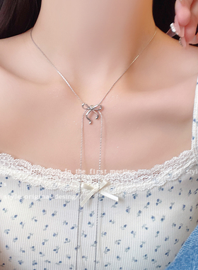 蝴蝶结抽拉流苏项链女夏季简约高级感小众颈链配饰2024新款锁骨链