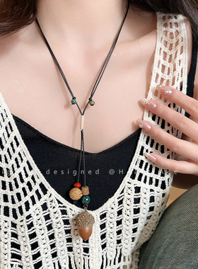 新中式陶瓷松子编织项链女款复古民族风时尚锁骨链小众设计感颈链