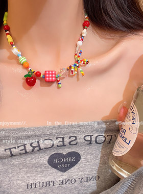 苹果乐园~彩色多巴胺串珠蝴蝶结项链女款可爱甜美小众设计锁骨链