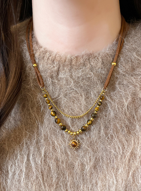 美拉德虎眼石串珠太阳项链女2025新款毛衣链大气高档高级感配饰品