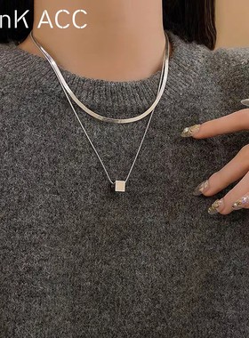 钛钢项链不掉色立体方块吊坠双层叠戴蛇骨链百搭锁骨链饰品毛衣链