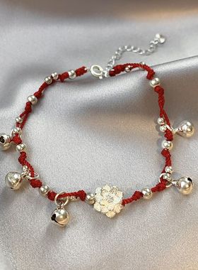 苗疆少女_红绳铃铛莲花手链高级手工编织俏皮中国心手饰冷风