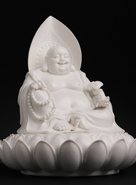 林弋新陶瓷莲座佛光弥勒笑佛摆件